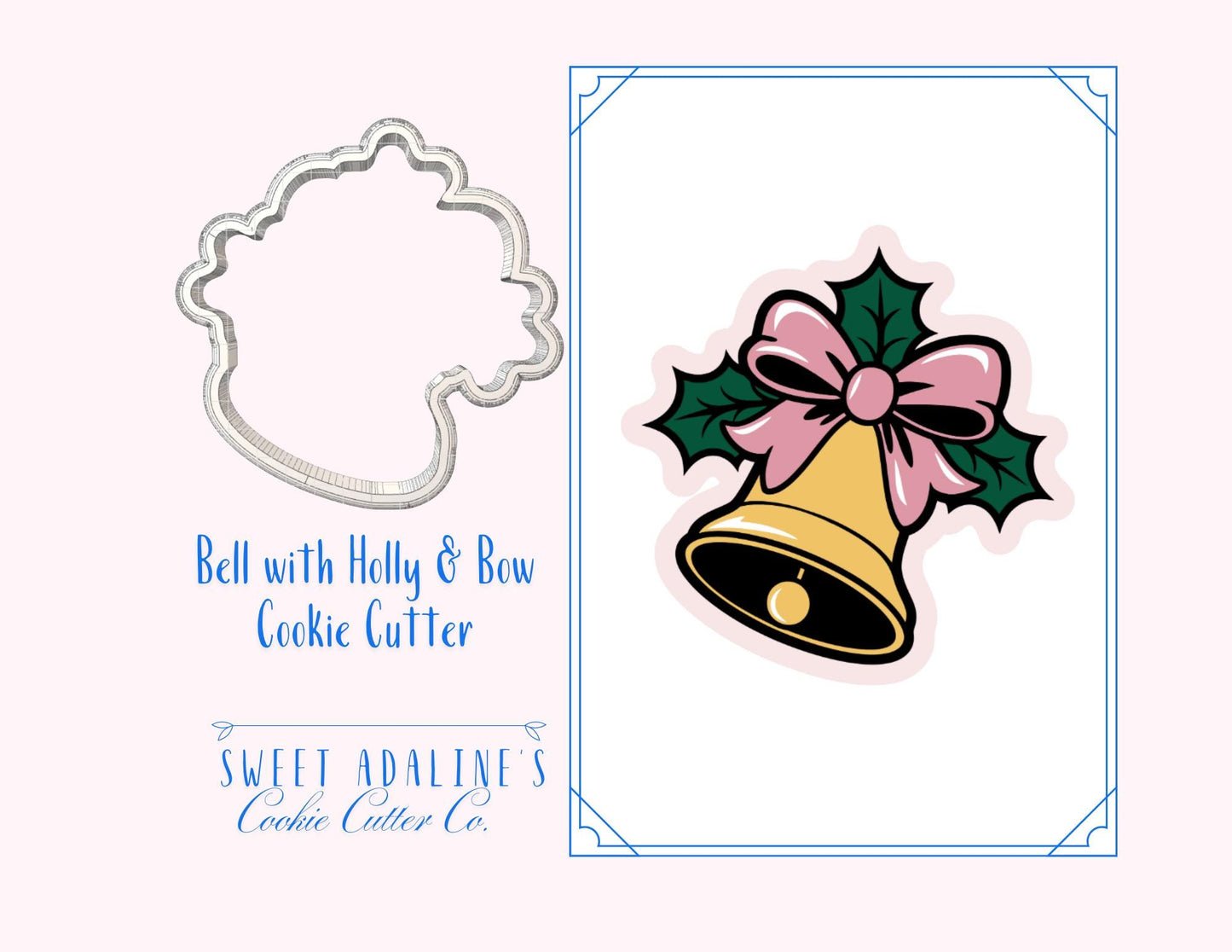 Bell with Holly & Bow Cookie Cutter – Christmas Bell Cookie Cutter – Holiday Cookie Cutter – 3D Printed Baking Tool – Sweet Adaline’s